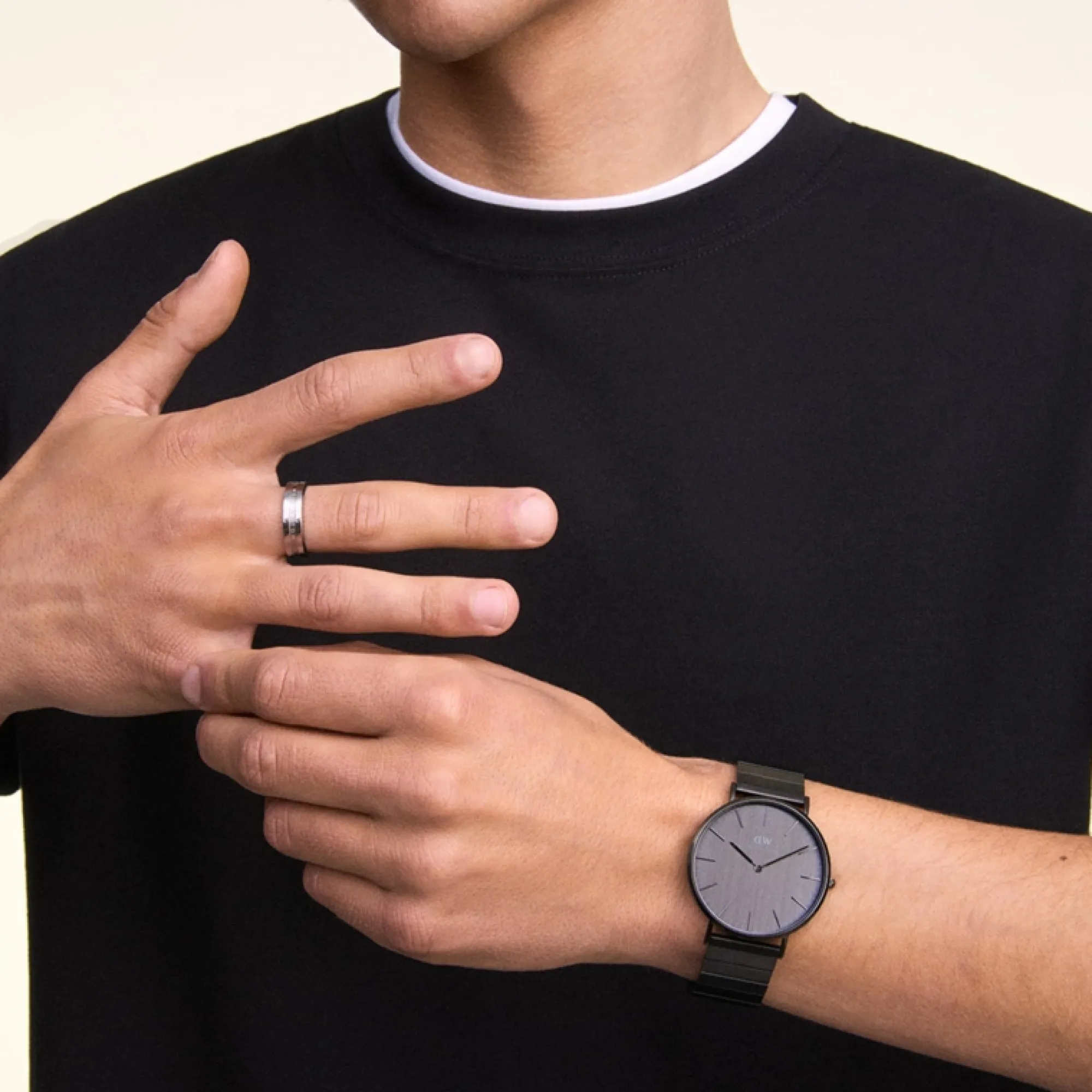 Daniel Wellington Herrklockor<Classic Piano Link Onyx Unitone & Elan Ring Silver Set